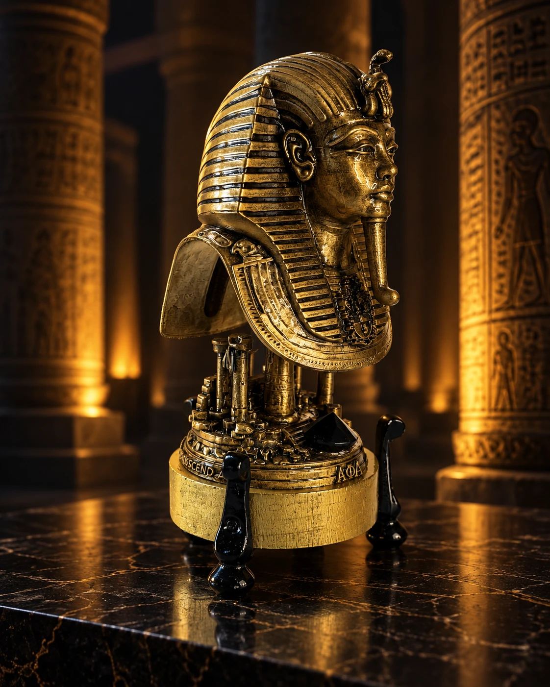 The silhouette: A sculptural profile, rising above a miniature temple.